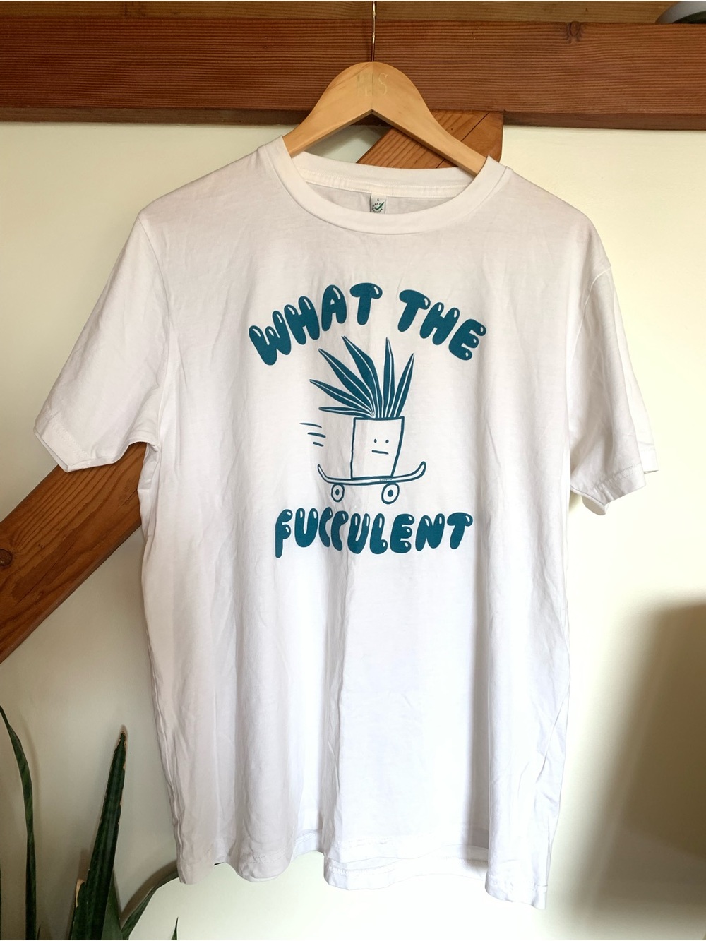 White Graphic Tee - 'What The Fucculent' size large 100 percent organic cotton
